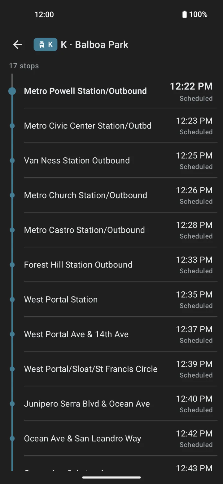 Metro route stop list